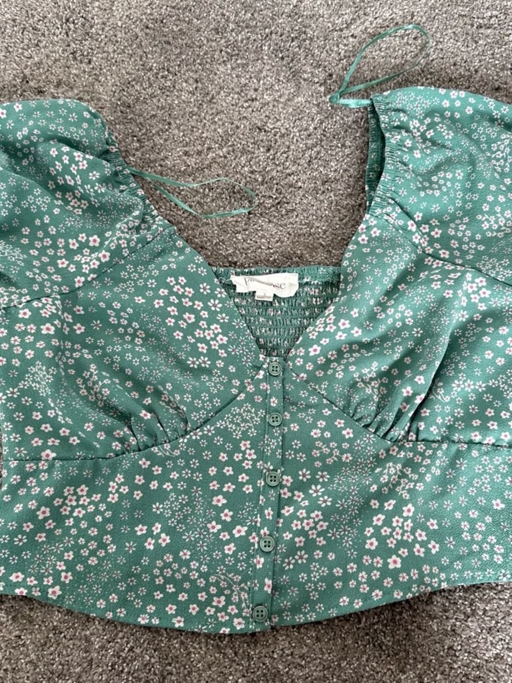 Pink Rose Green Floral Button-Front Crop Top